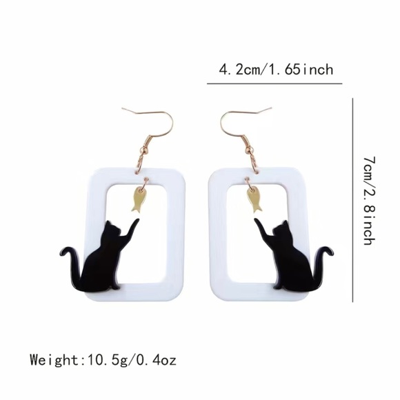 Black Cat Fish Design Dangle Earrings Cute Y2K‎ Style Acrylic Jewelry - Picture 6 of 6